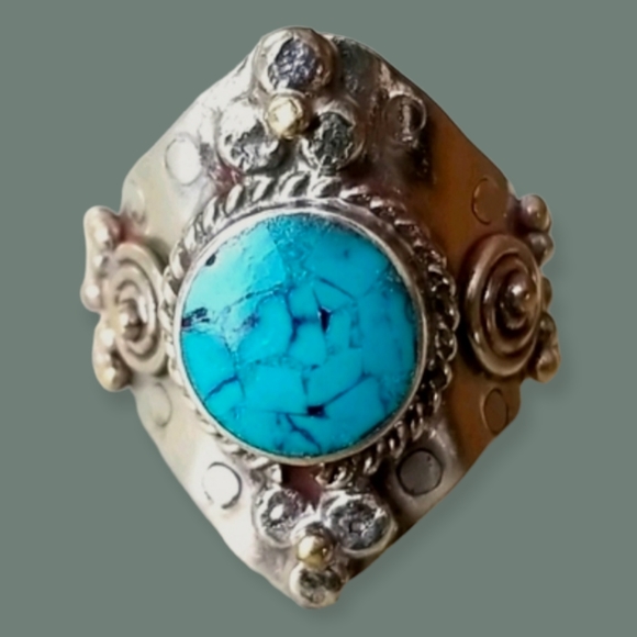 Southwestern Boho Tribal Turquoise Hand Crafted Adjustable Band Ring - Picture 1 of 16